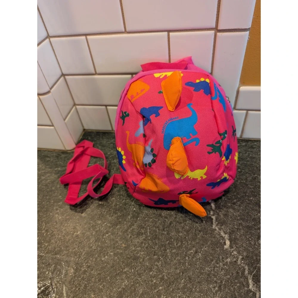 Pink Dinosaur Toddler Backpack with Detachable Safety Leash and 3D Spikes